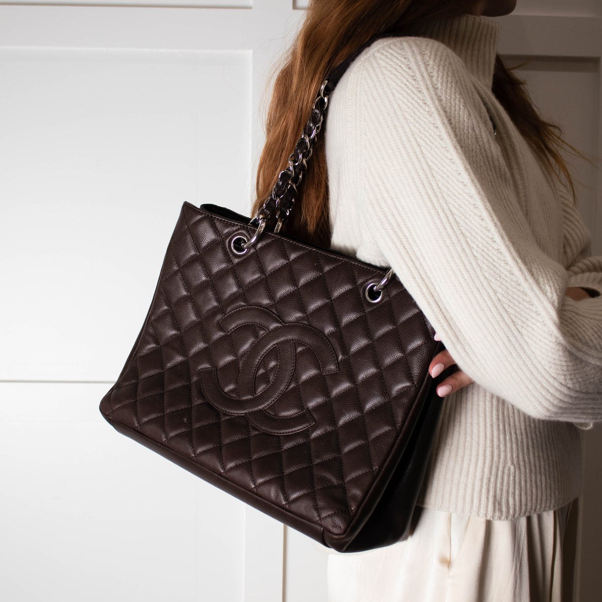 Chanel Chocolate Brown Caviar Leather Grand Shopper Tote