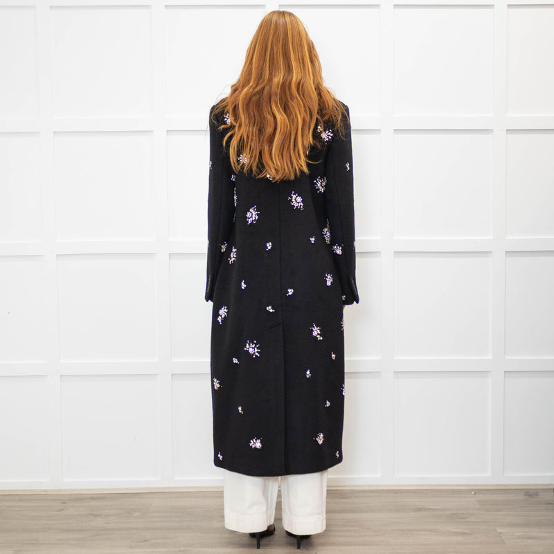 Simkhai Black Wool Blend Crystal Flower Black Sequin Detail Long Coat