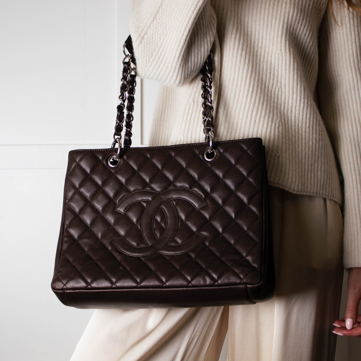Chanel Brown Caviar Leather Grand Shopping Tote