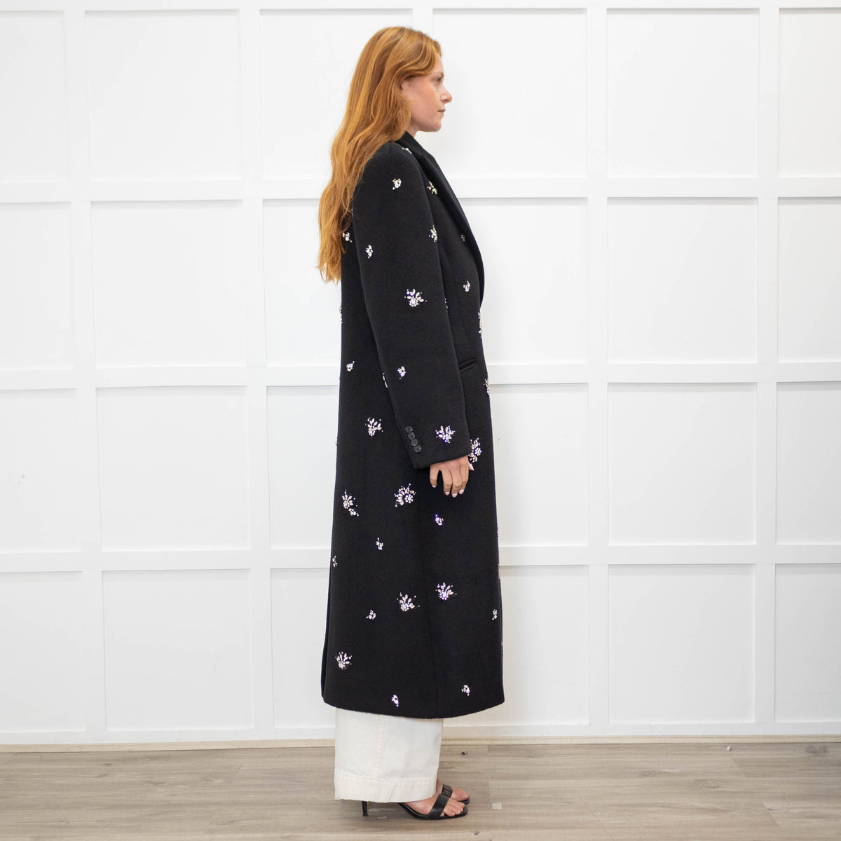 Simkhai Black Wool Blend Crystal Flower Black Sequin Detail Long Coat