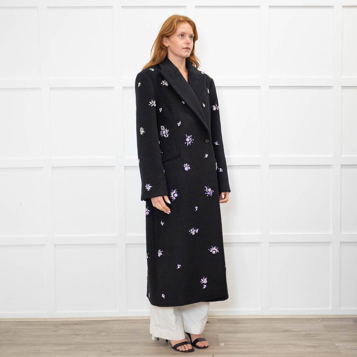 Simkhai Black Wool Blend Crystal Flower Black Sequin Detail Long Coat