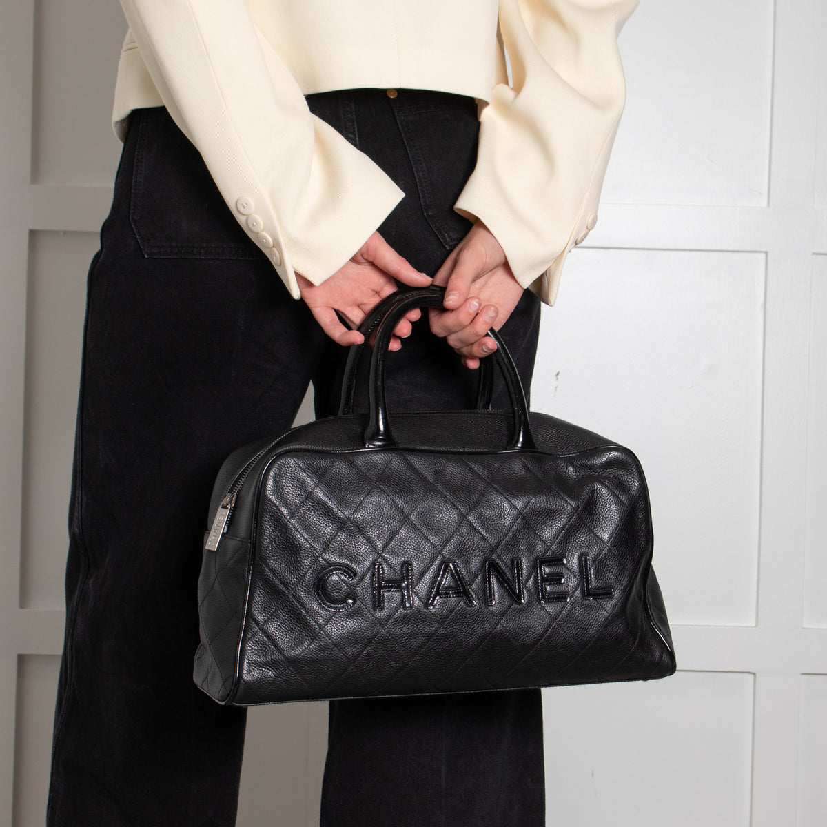 Chanel Quilted Black Caviar Logo Bowler Bag