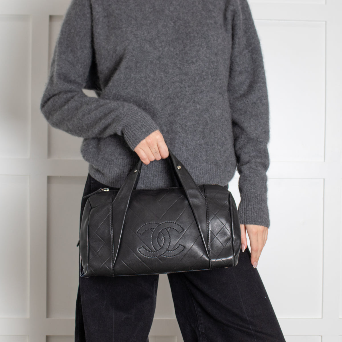 Chanel Black CC Chevron Quilted Lambskin Boston Bag