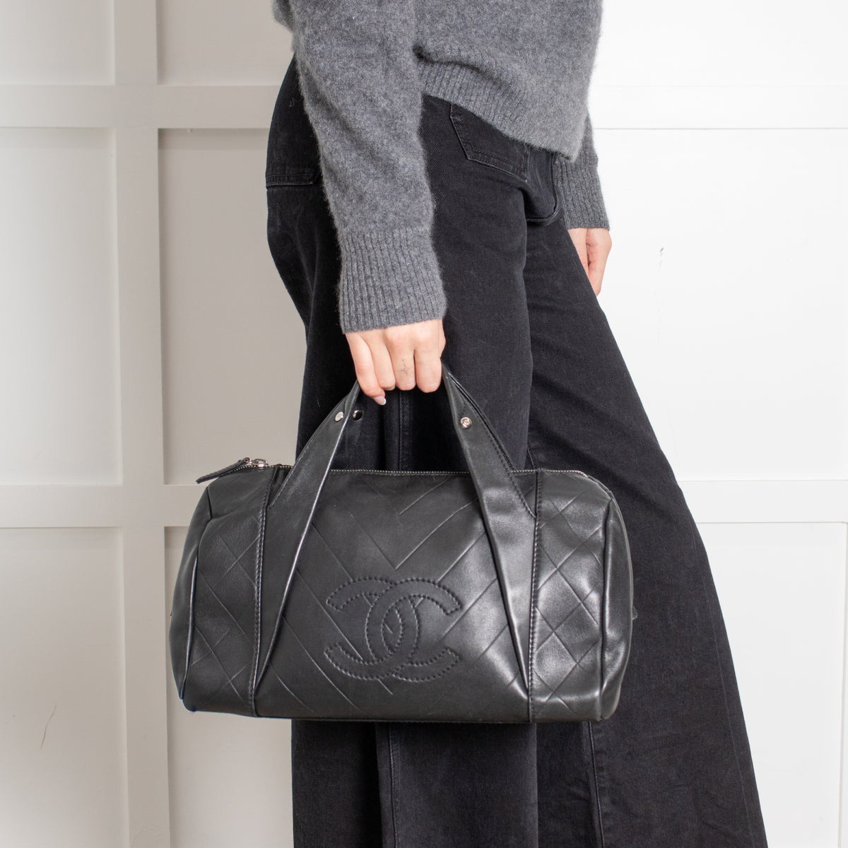 Chanel Black CC Chevron Quilted Lambskin Boston Bag