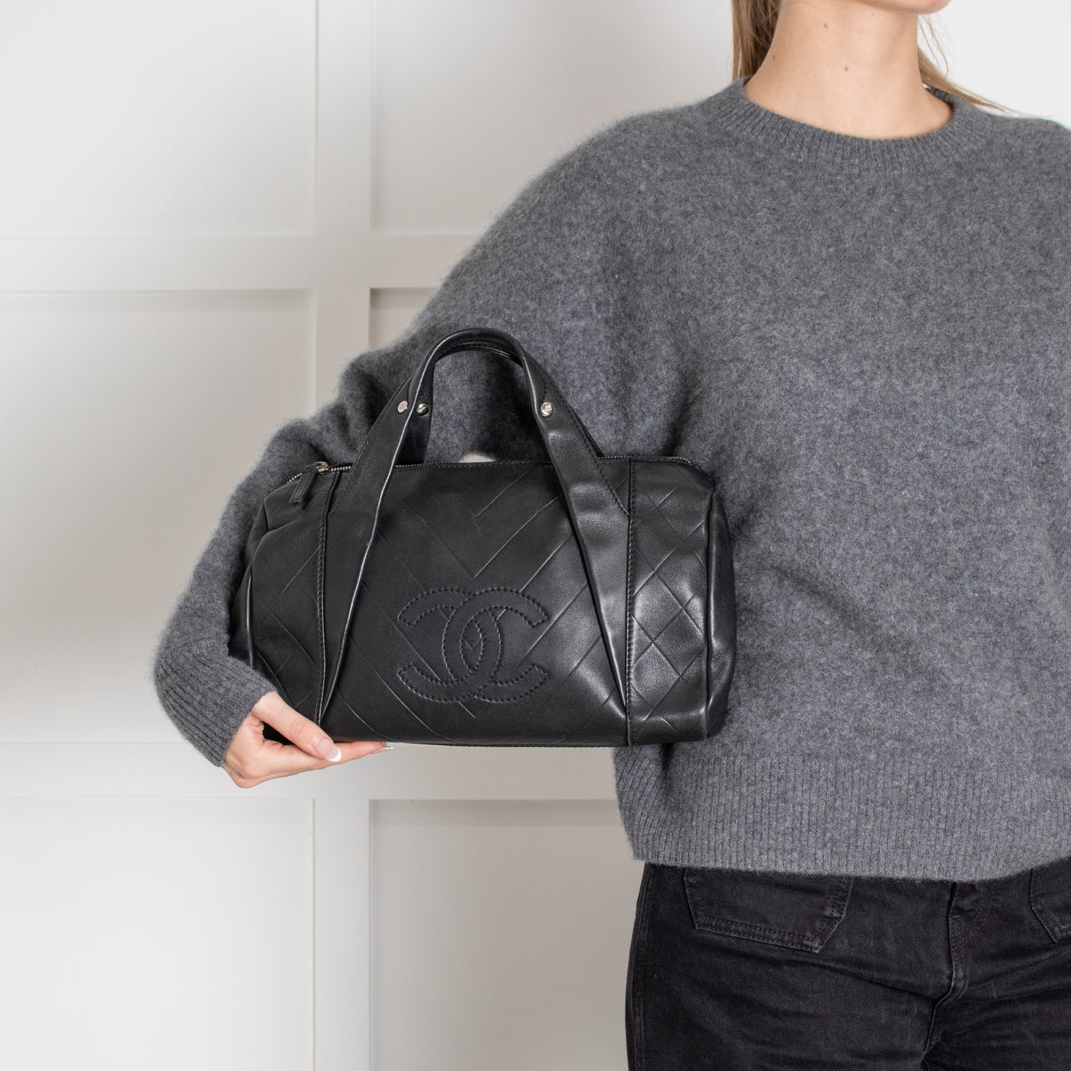 Chanel Black CC Chevron Quilted Lambskin Boston Bag