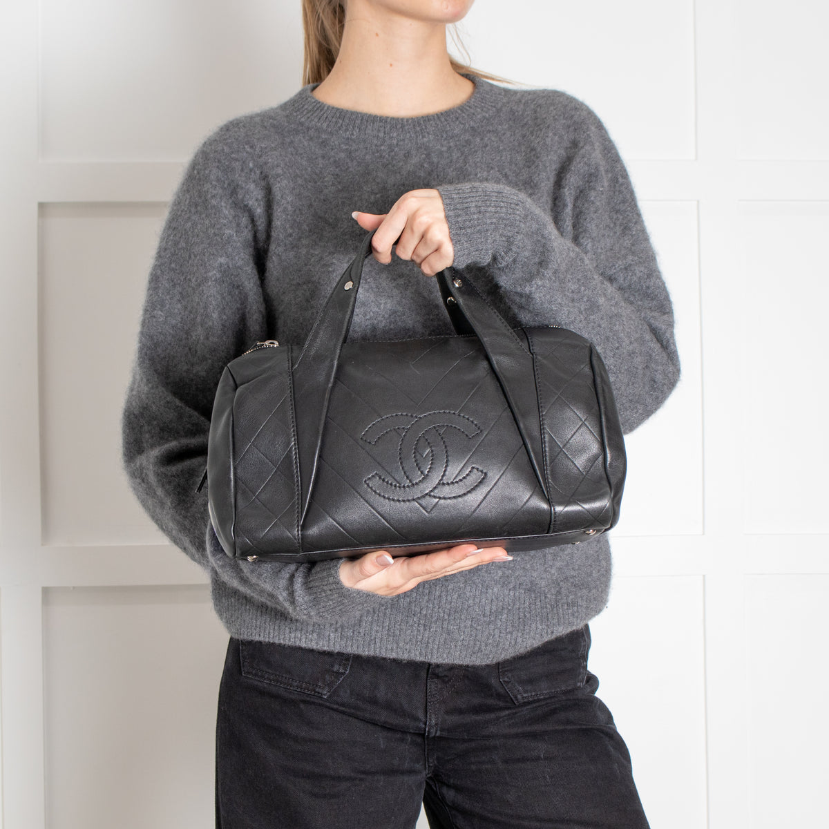 Chanel Black CC Chevron Quilted Lambskin Boston Bag