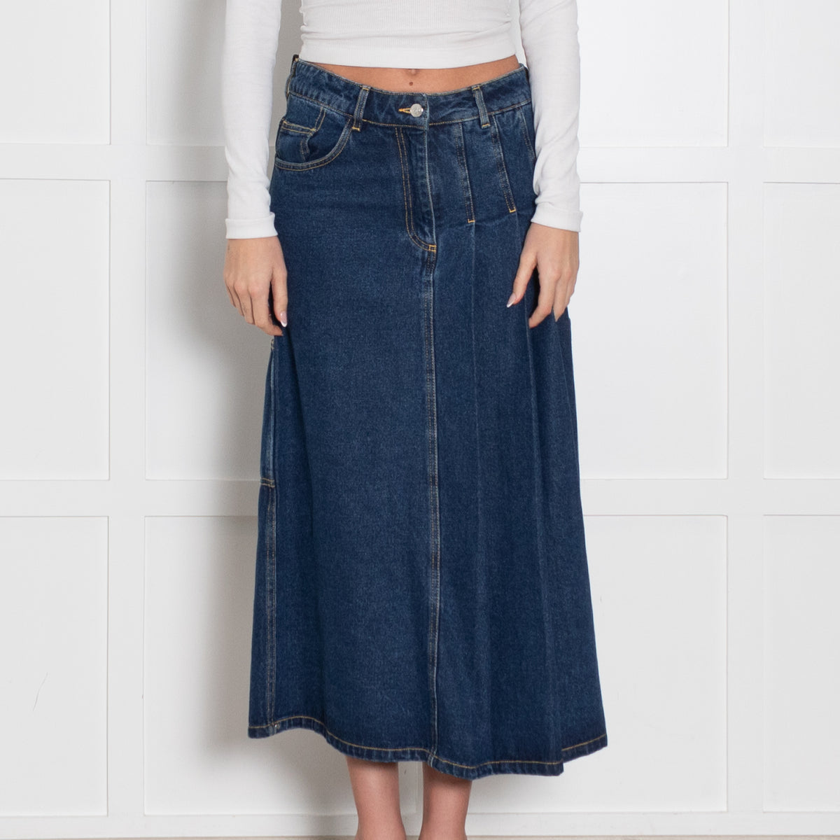 Saks Potts Blue Denim Pleat Detail Mid Skirt