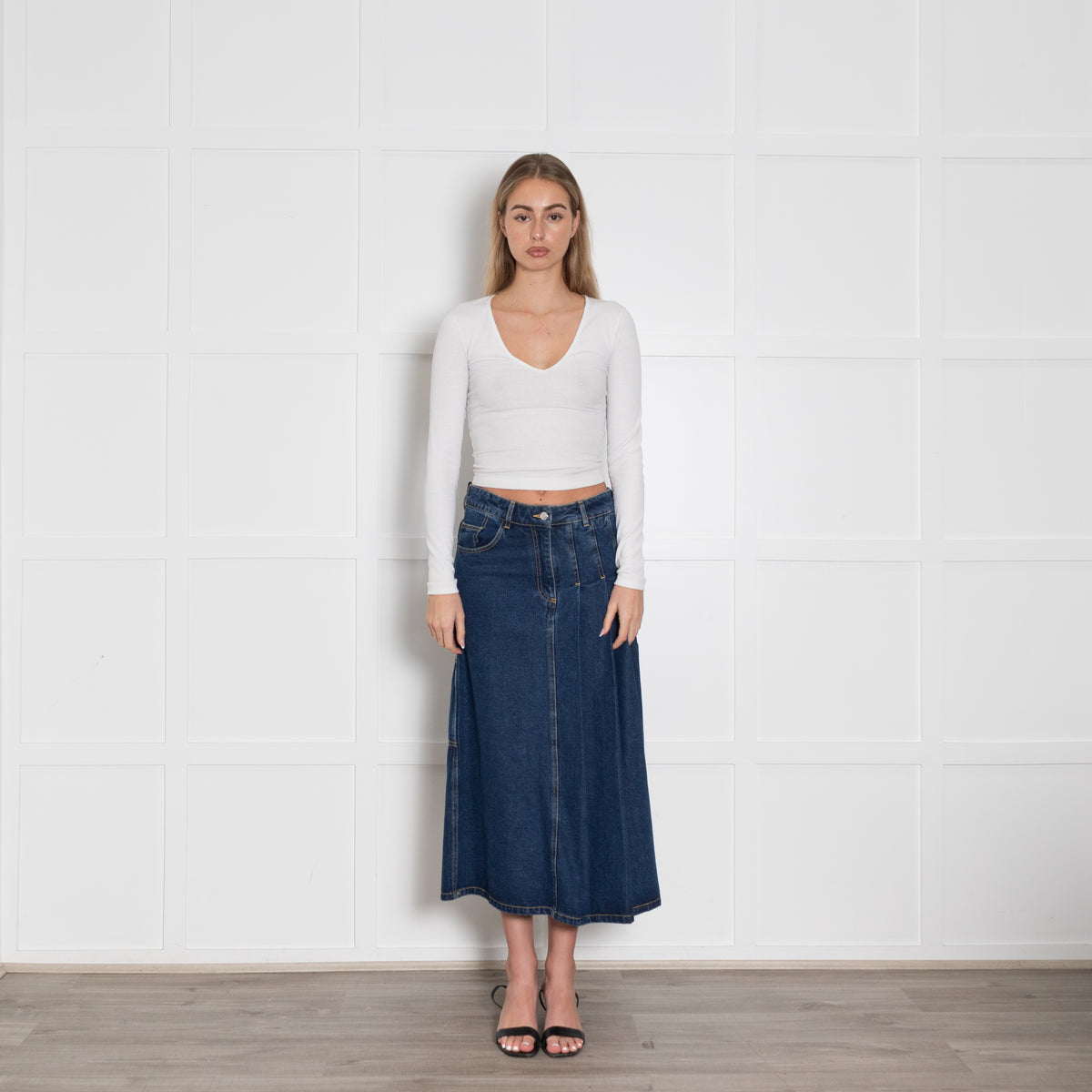 Saks Potts Blue Denim Pleat Detail Mid Skirt