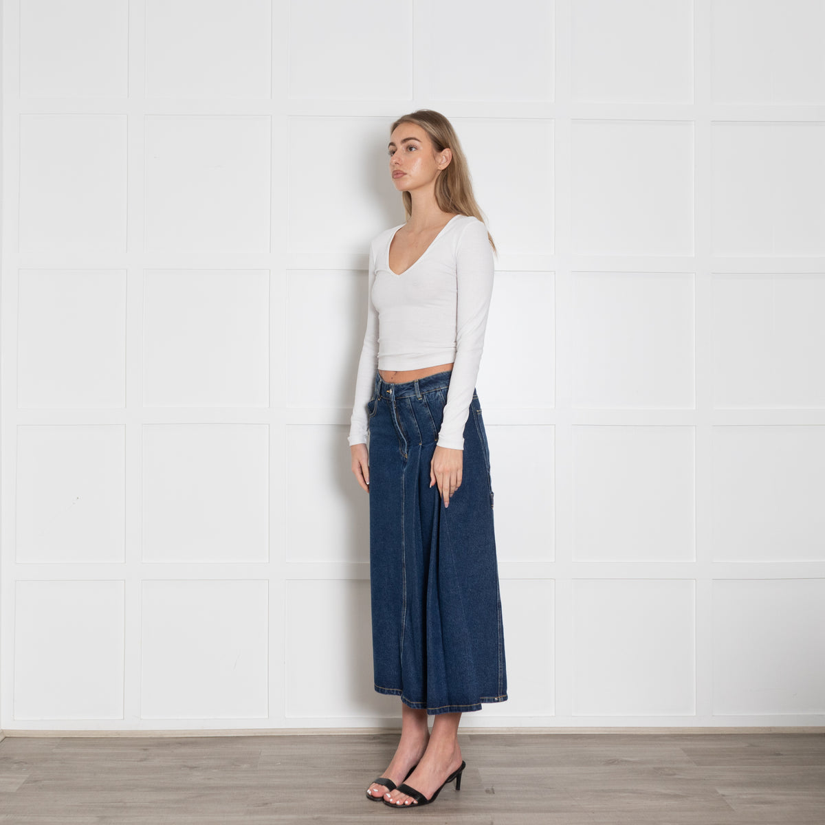 Saks Potts Blue Denim Pleat Detail Mid Skirt