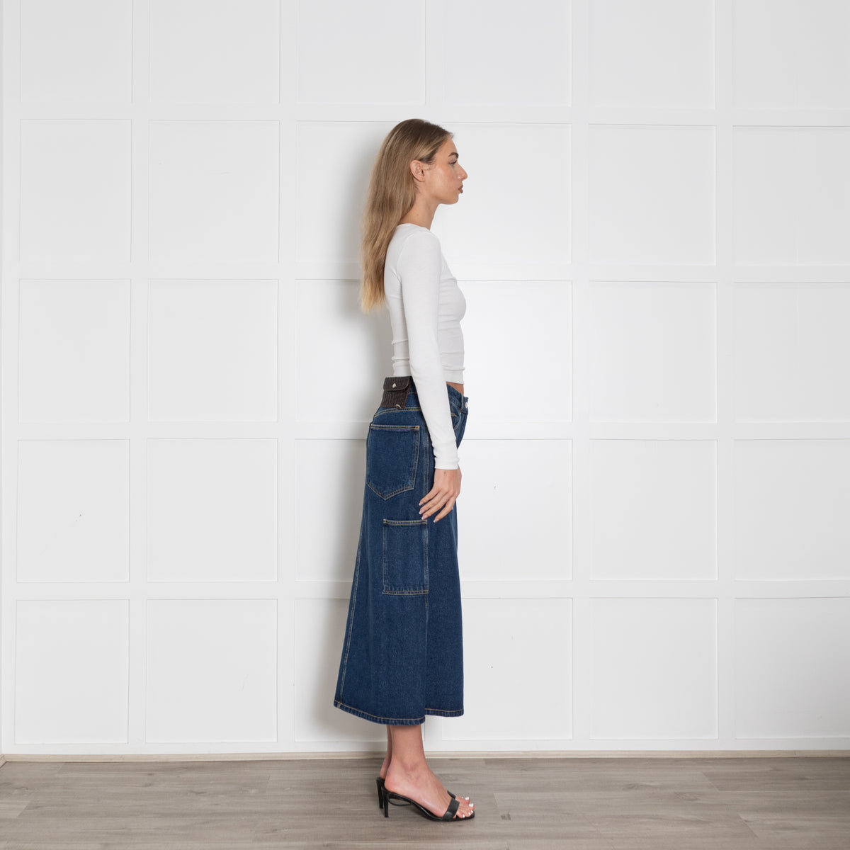 Saks Potts Blue Denim Pleat Detail Mid Skirt