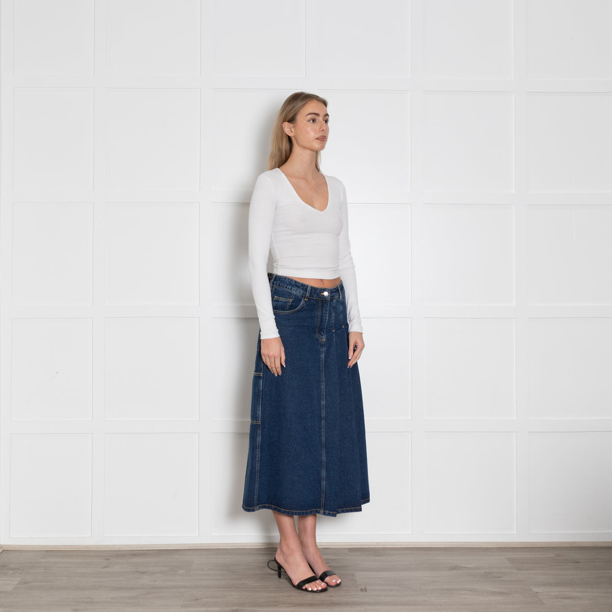 Saks Potts Blue Denim Pleat Detail Mid Skirt