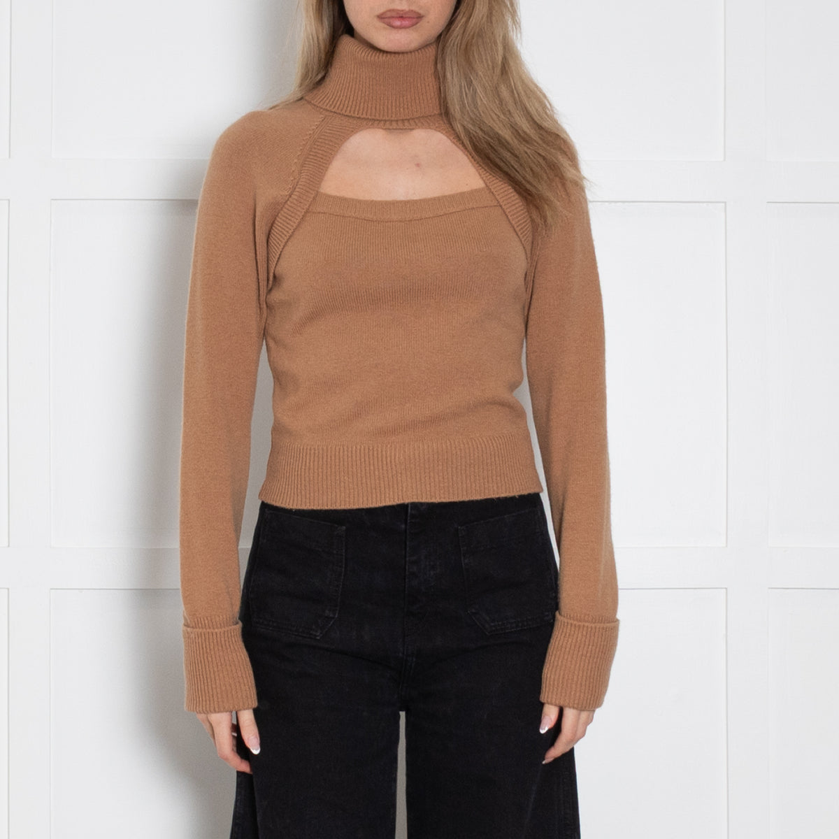 Paige Tan Cutout Rollneck Jumper