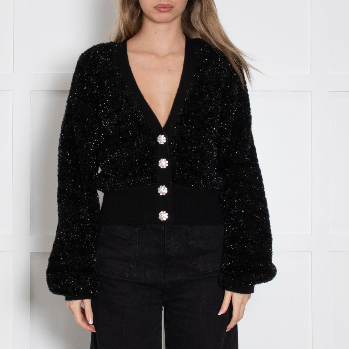 Ganni Black Sparkle Cardigan With Crystal Buttons