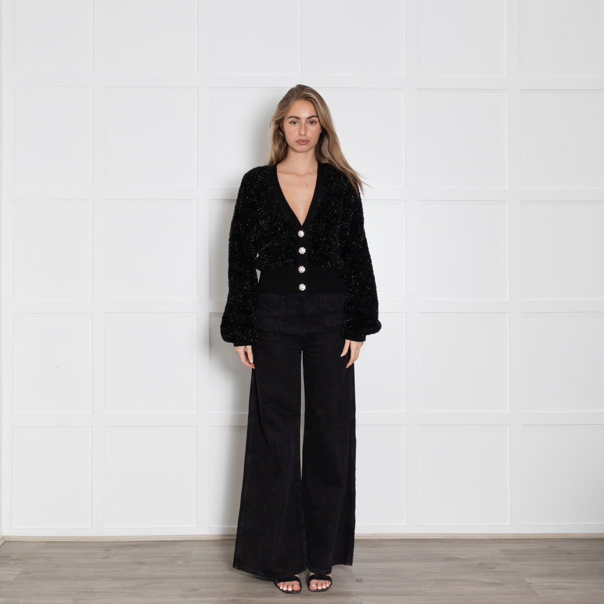 Ganni Black Sparkle Cardigan With Crystal Buttons