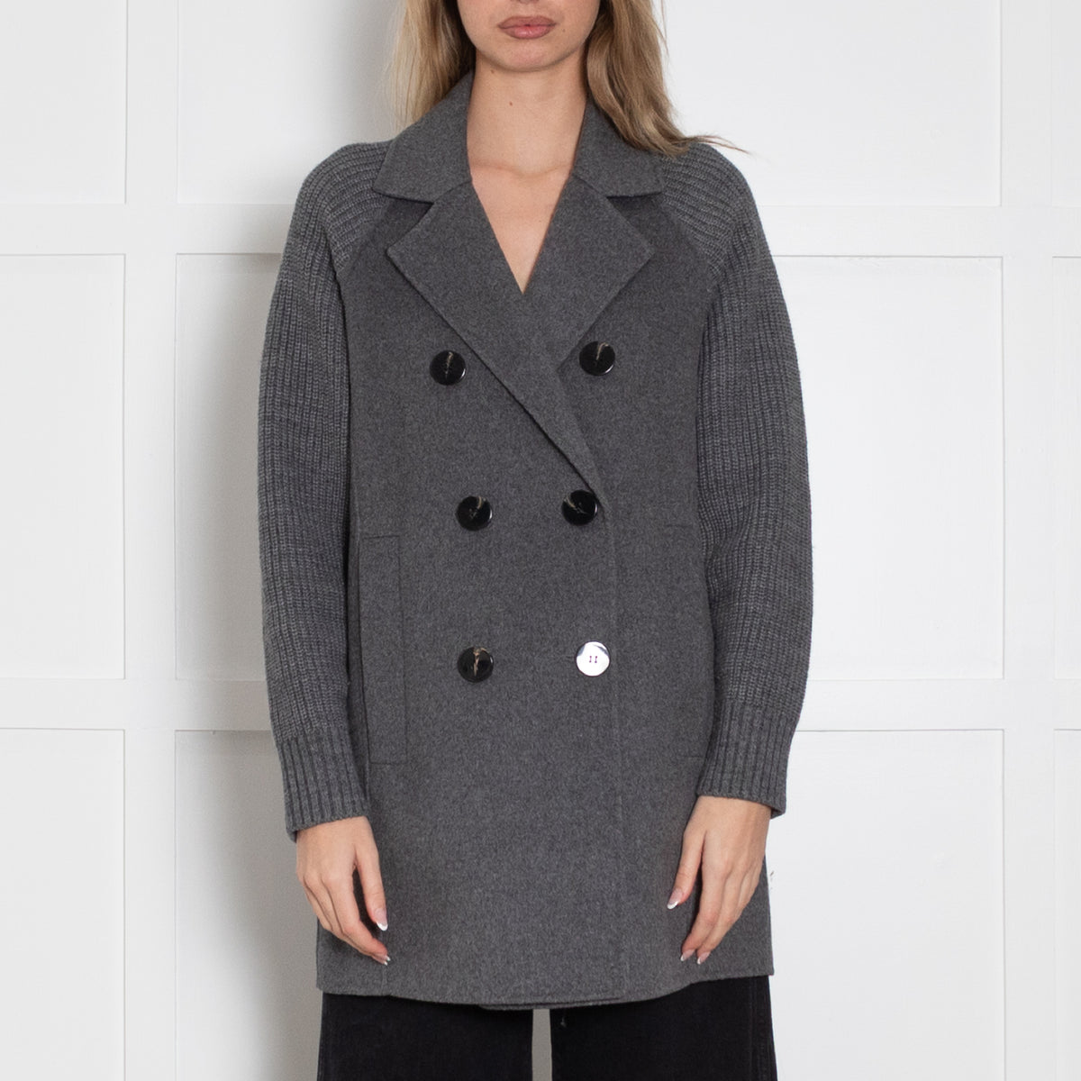 Notshy Grey Wool Knitted Sleeve Double Breasted Coat