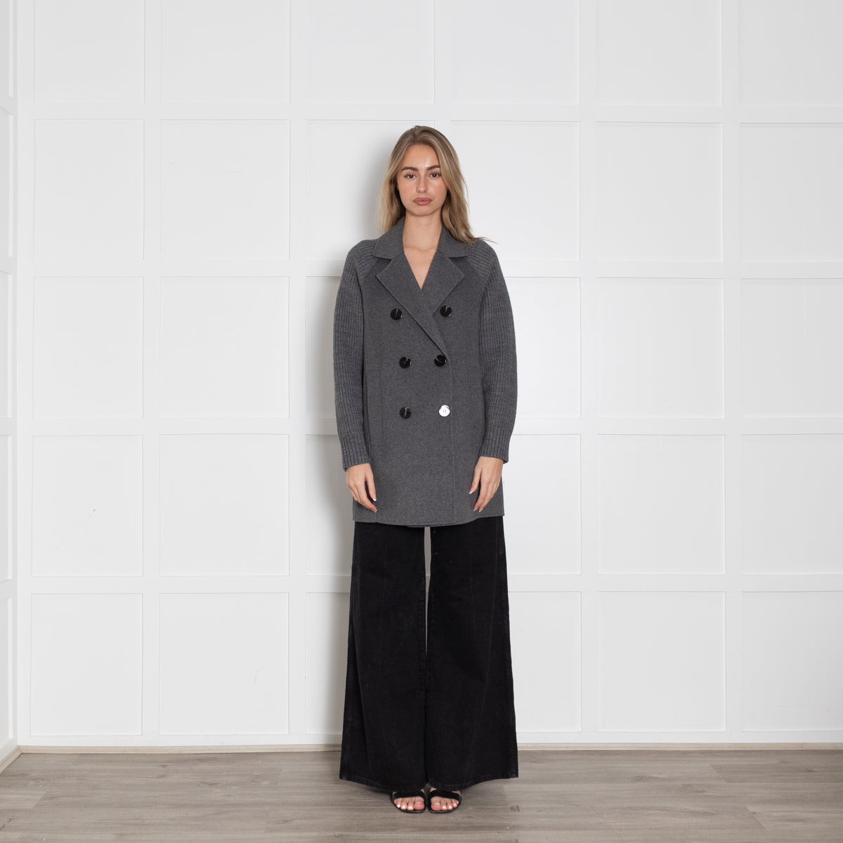 Notshy Grey Wool Knitted Sleeve Double Breasted Coat