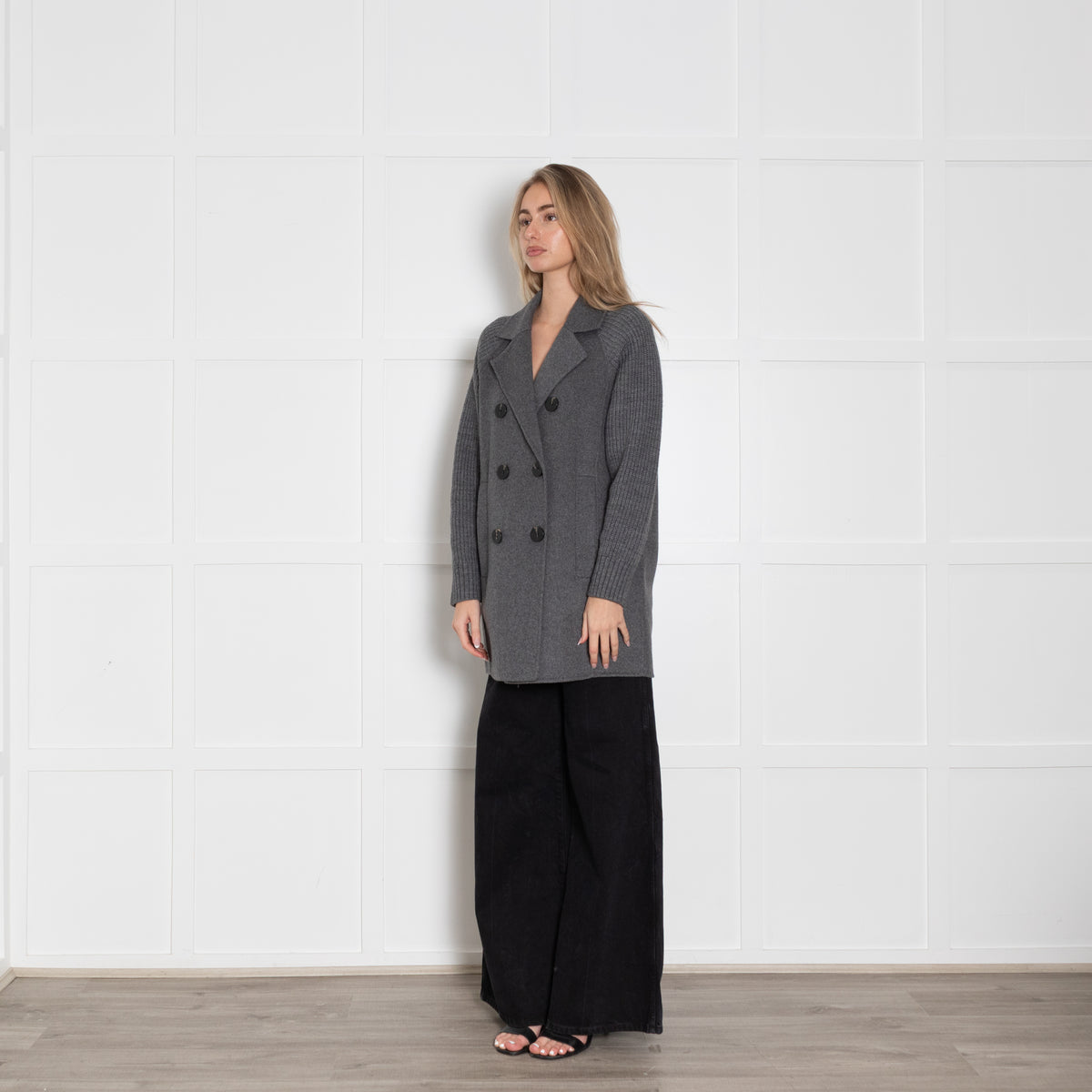 Notshy Grey Wool Knitted Sleeve Double Breasted Coat