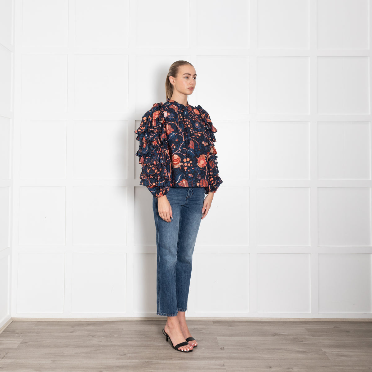 Ulla Johnson Pippa Navy Blouse Orange Floral
