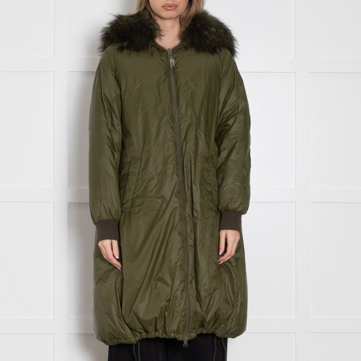YS Army Khaki Padded Fur Trim Long Coat