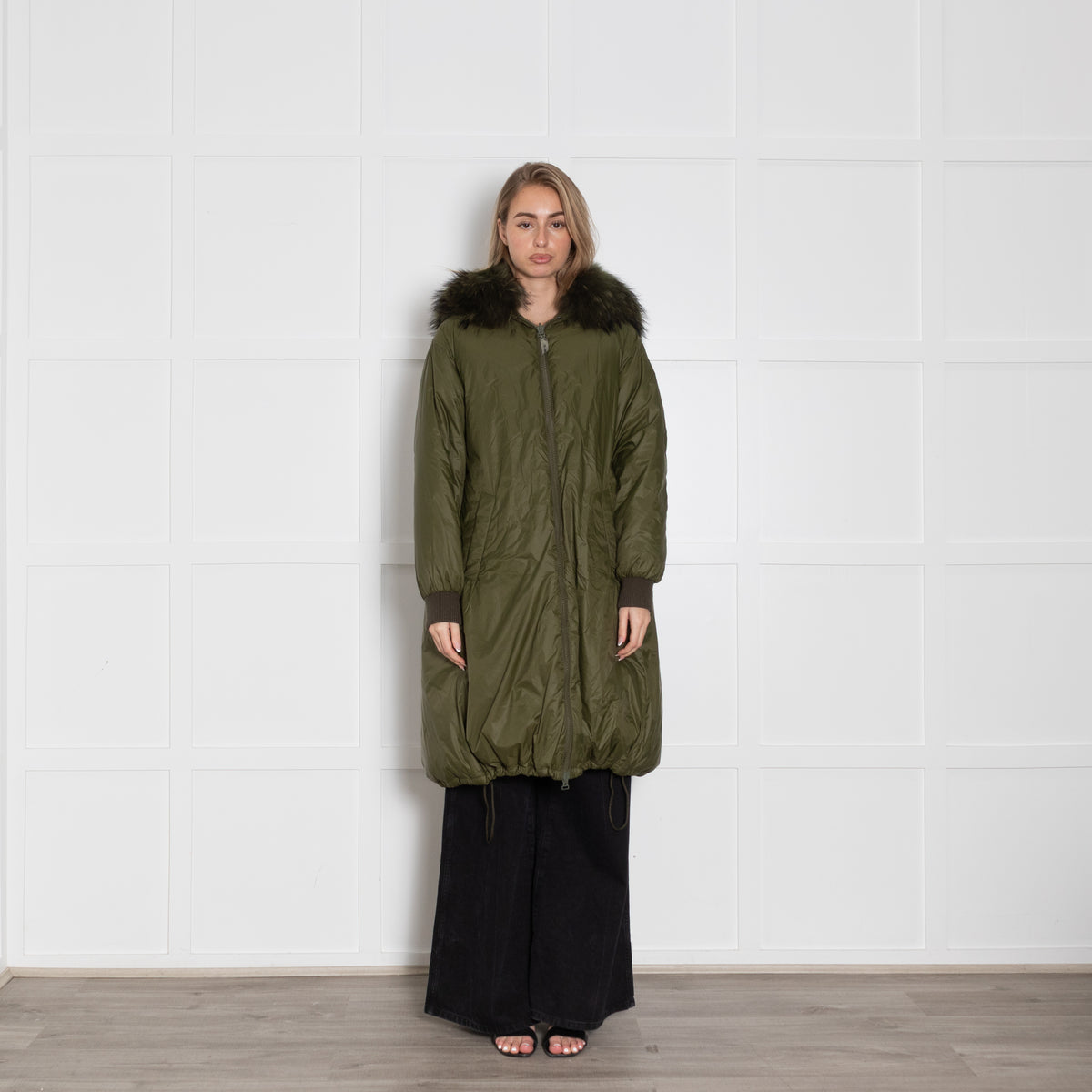 YS Army Khaki Padded Fur Trim Long Coat