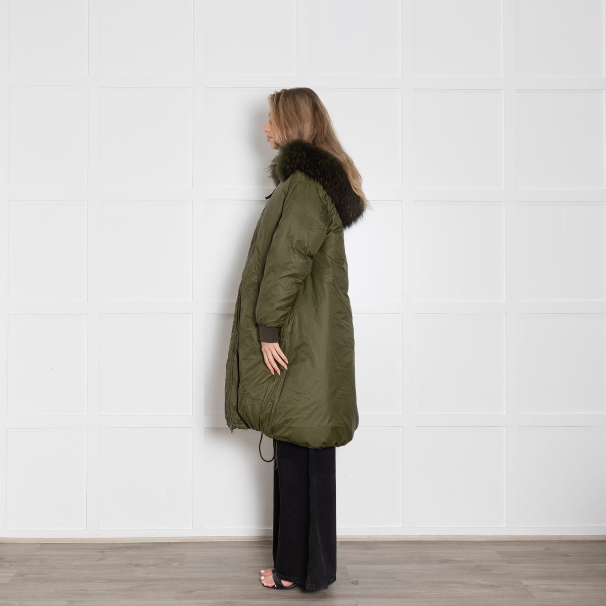 YS Army Khaki Padded Fur Trim Long Coat