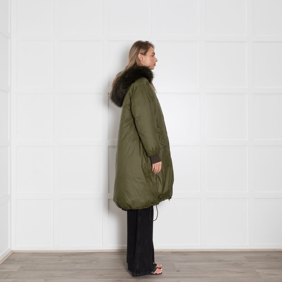 YS Army Khaki Padded Fur Trim Long Coat