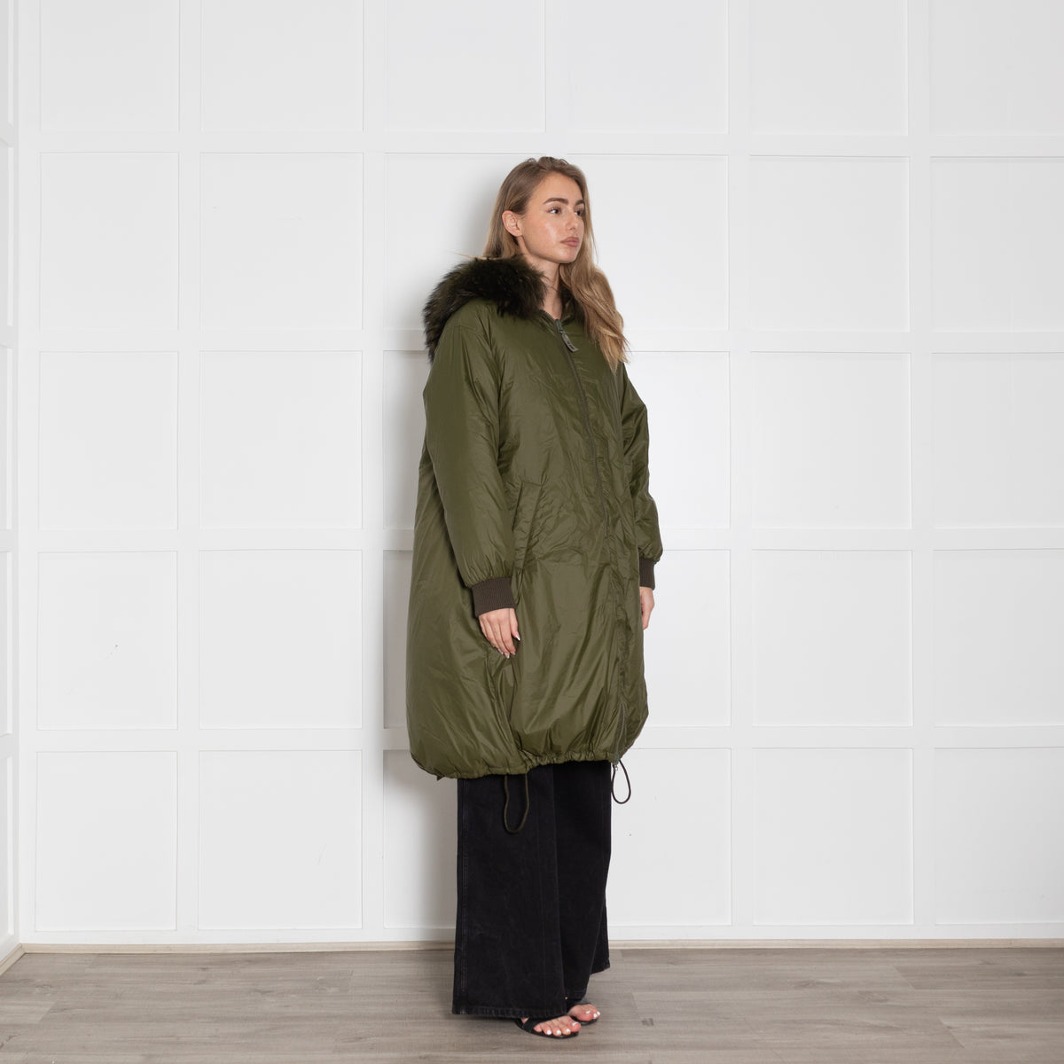 YS Army Khaki Padded Fur Trim Long Coat