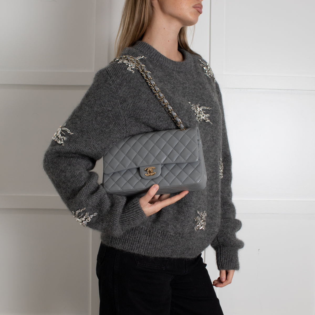 Chanel Grey Caviar Leather Champagne Gold Hardware Medium Double Flap Bag