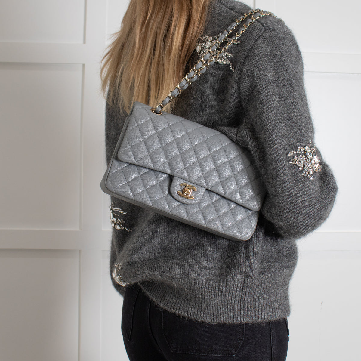 Chanel Grey Caviar Leather Champagne Gold Hardware Medium Double Flap Bag