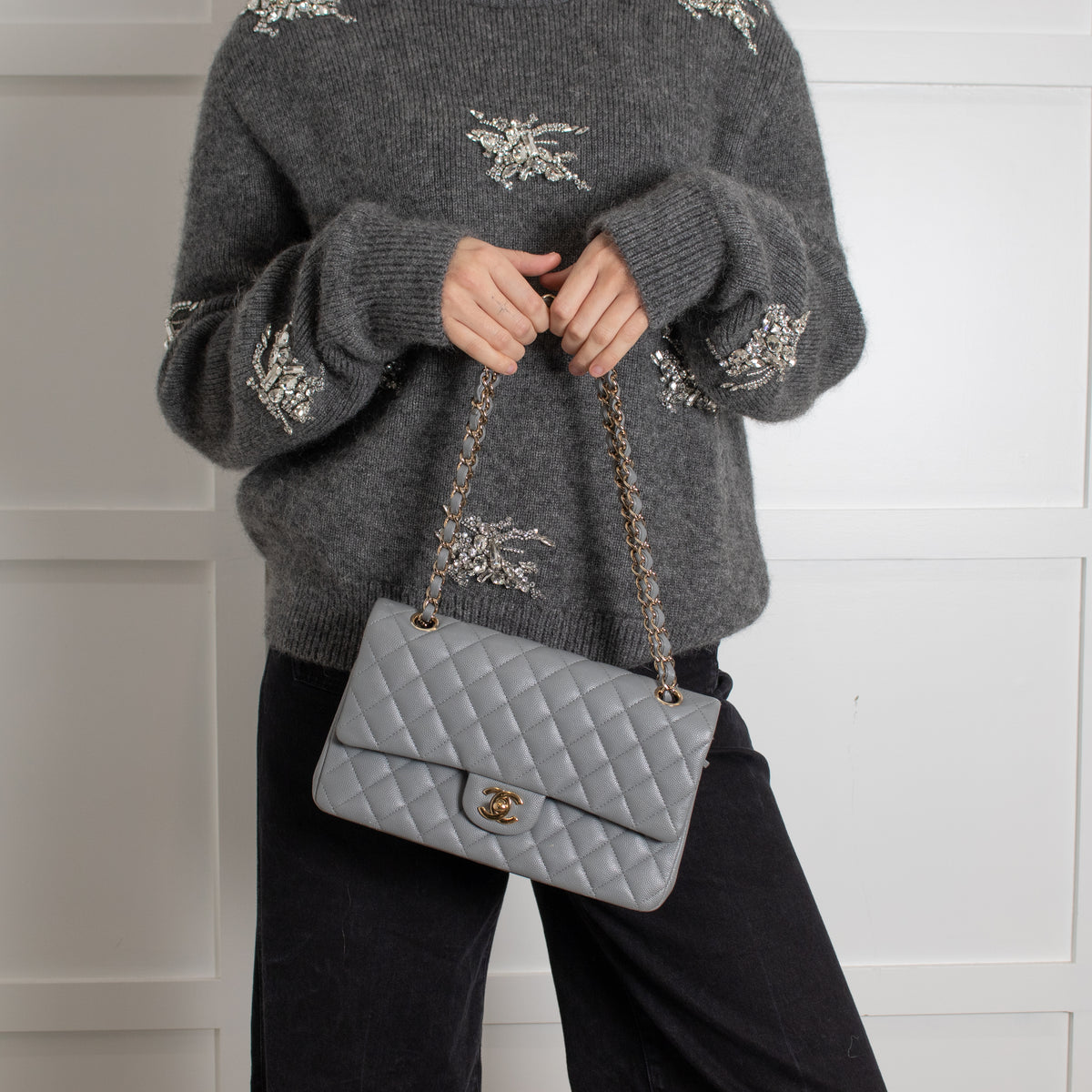 Chanel Grey Caviar Leather Champagne Gold Hardware Medium Double Flap Bag