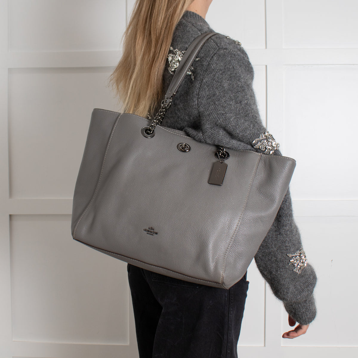 Coach Grey Pebbled Leather Turnlock Chain Tote