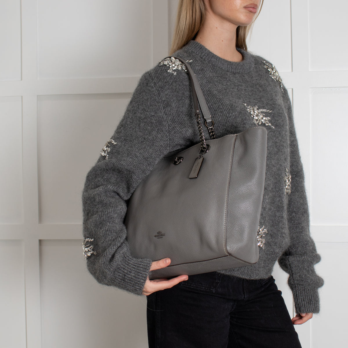 Coach Grey Pebbled Leather Turnlock Chain Tote