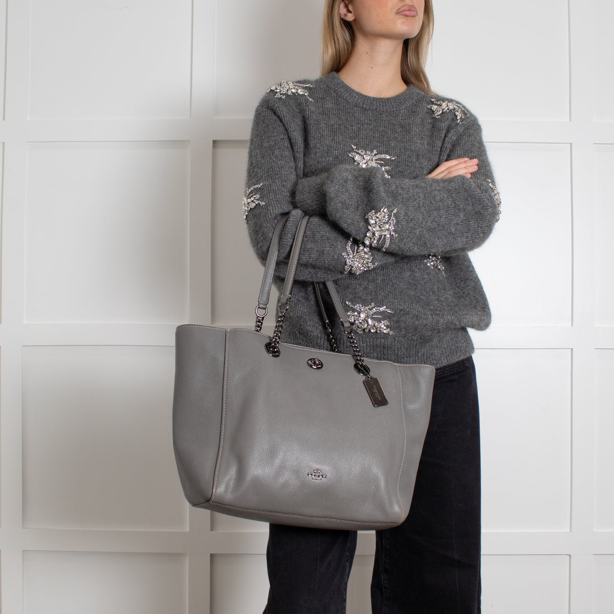 Coach Grey Pebbled Leather Turnlock Chain Tote