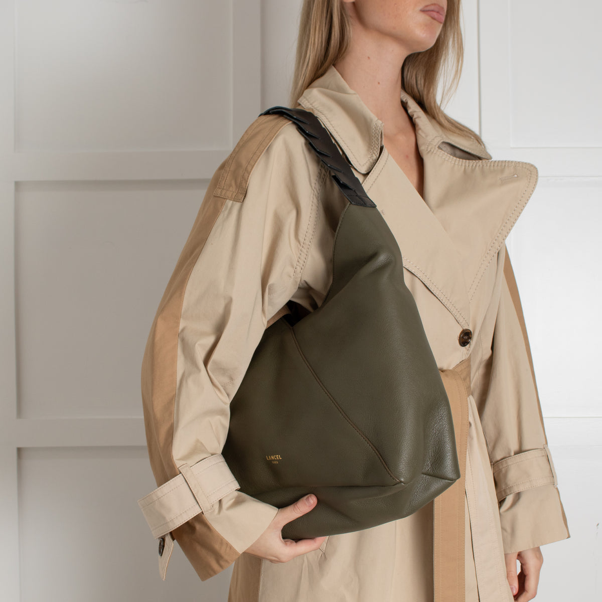 Lancel Khaki Zip Hobo Bag