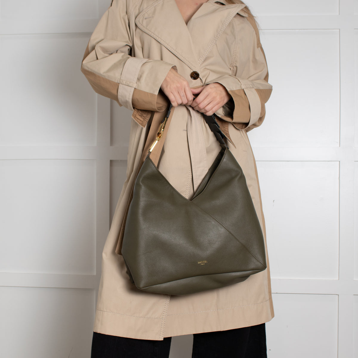 Lancel Khaki Zip Hobo Bag