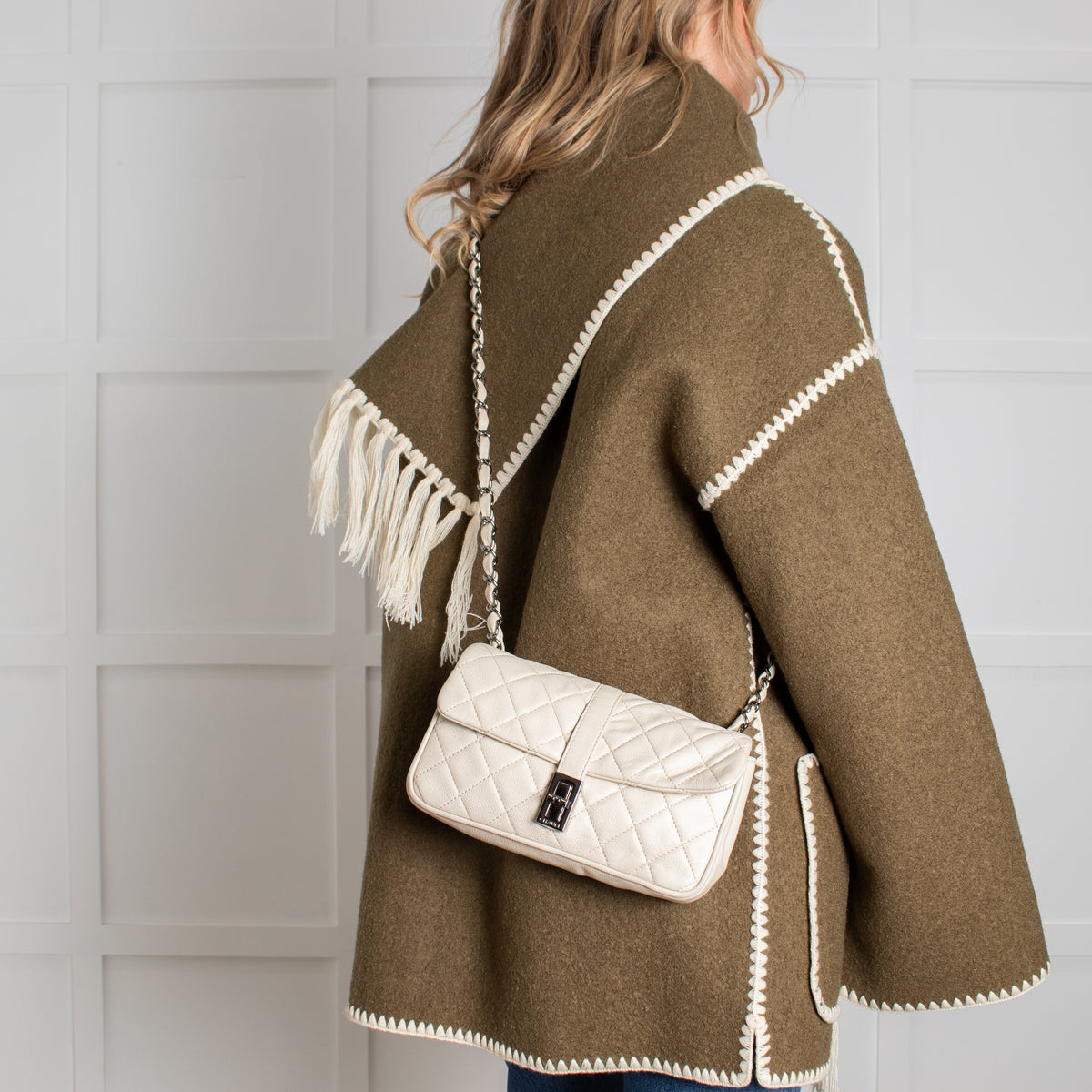 Chanel cream caviar leather Mademoiselle flap bag front view with silver hardware