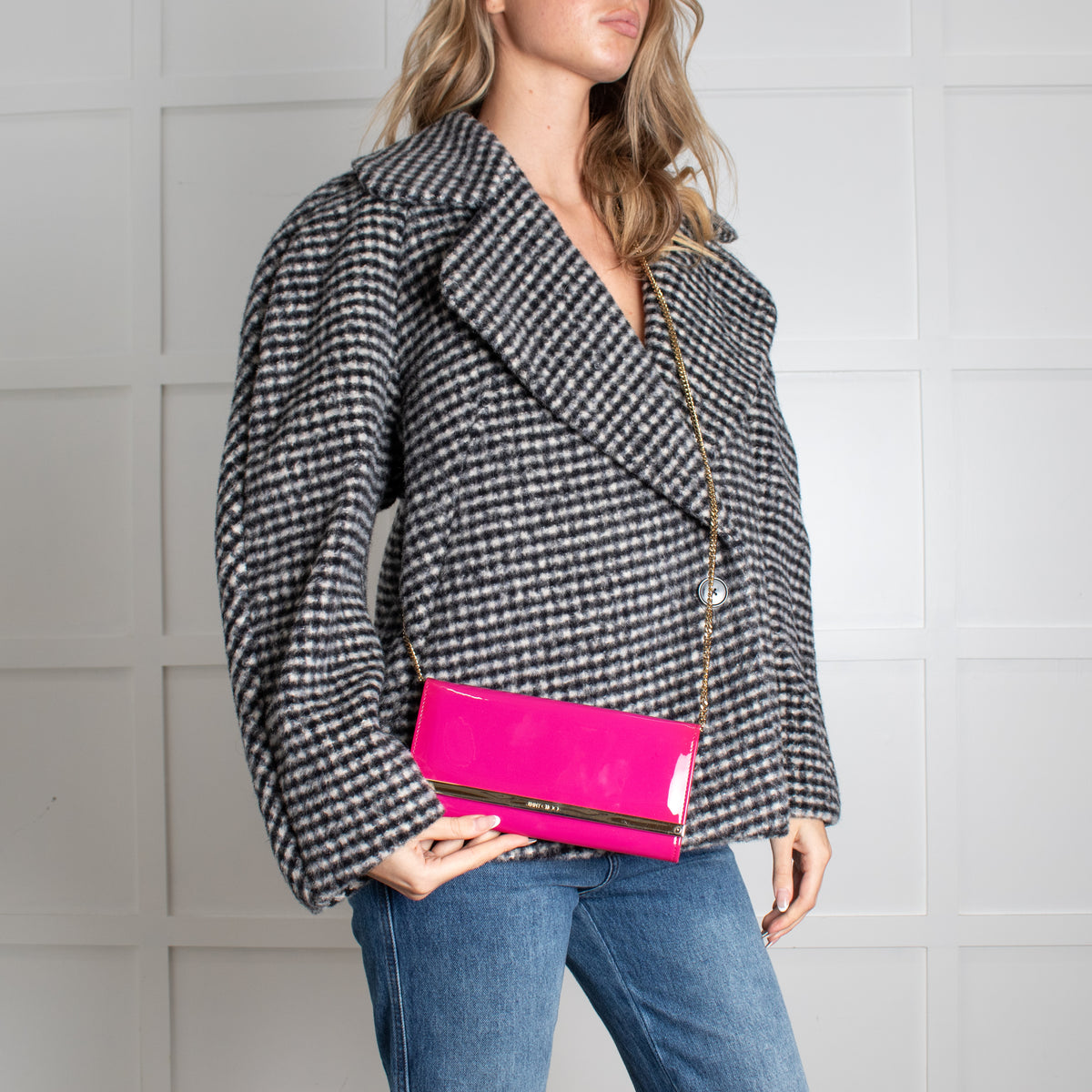 Jimmy Choo Bright Pink Milla Patent Leather Gold Chain Clutch Bag
