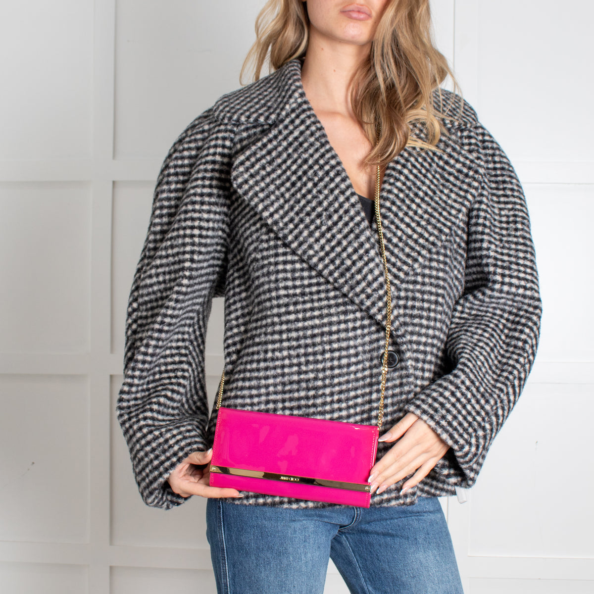 Jimmy Choo Bright Pink Milla Patent Leather Gold Chain Clutch Bag