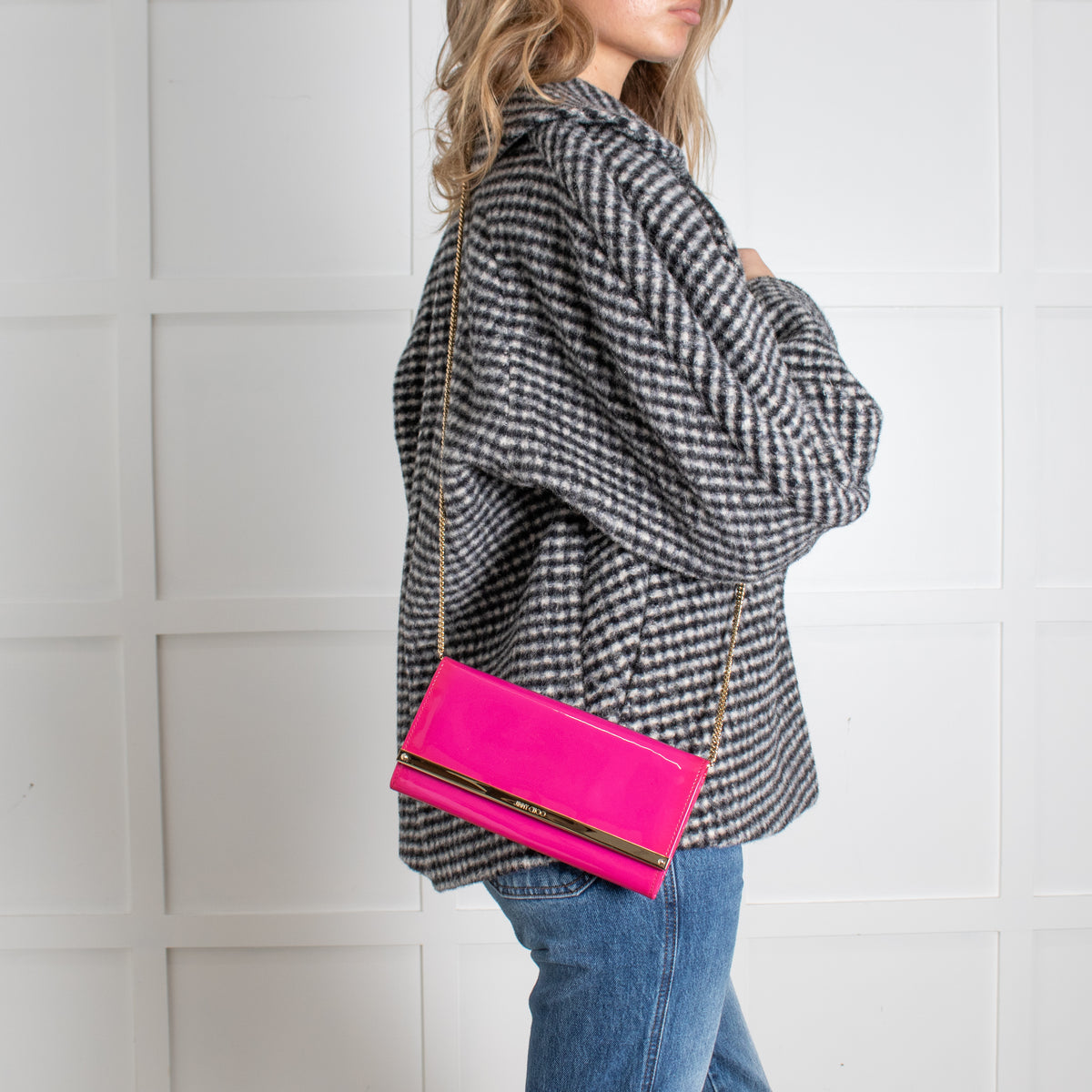 Jimmy Choo Bright Pink Milla Patent Leather Gold Chain Clutch Bag