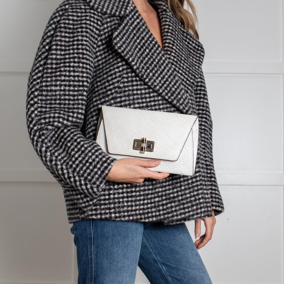 Diane Von Furstenburg Cream Geometric Weave Clutch