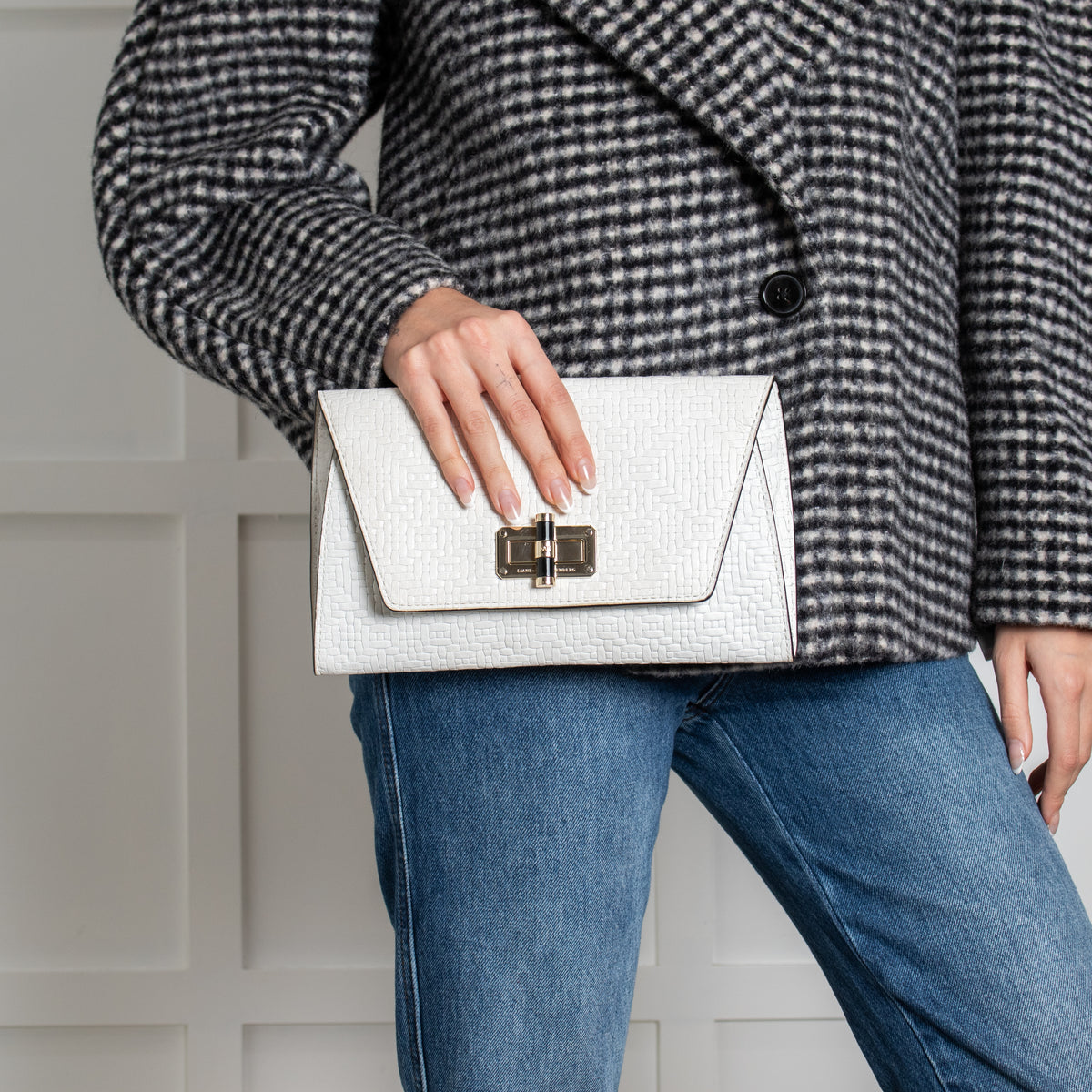 Diane Von Furstenburg Cream Geometric Weave Clutch