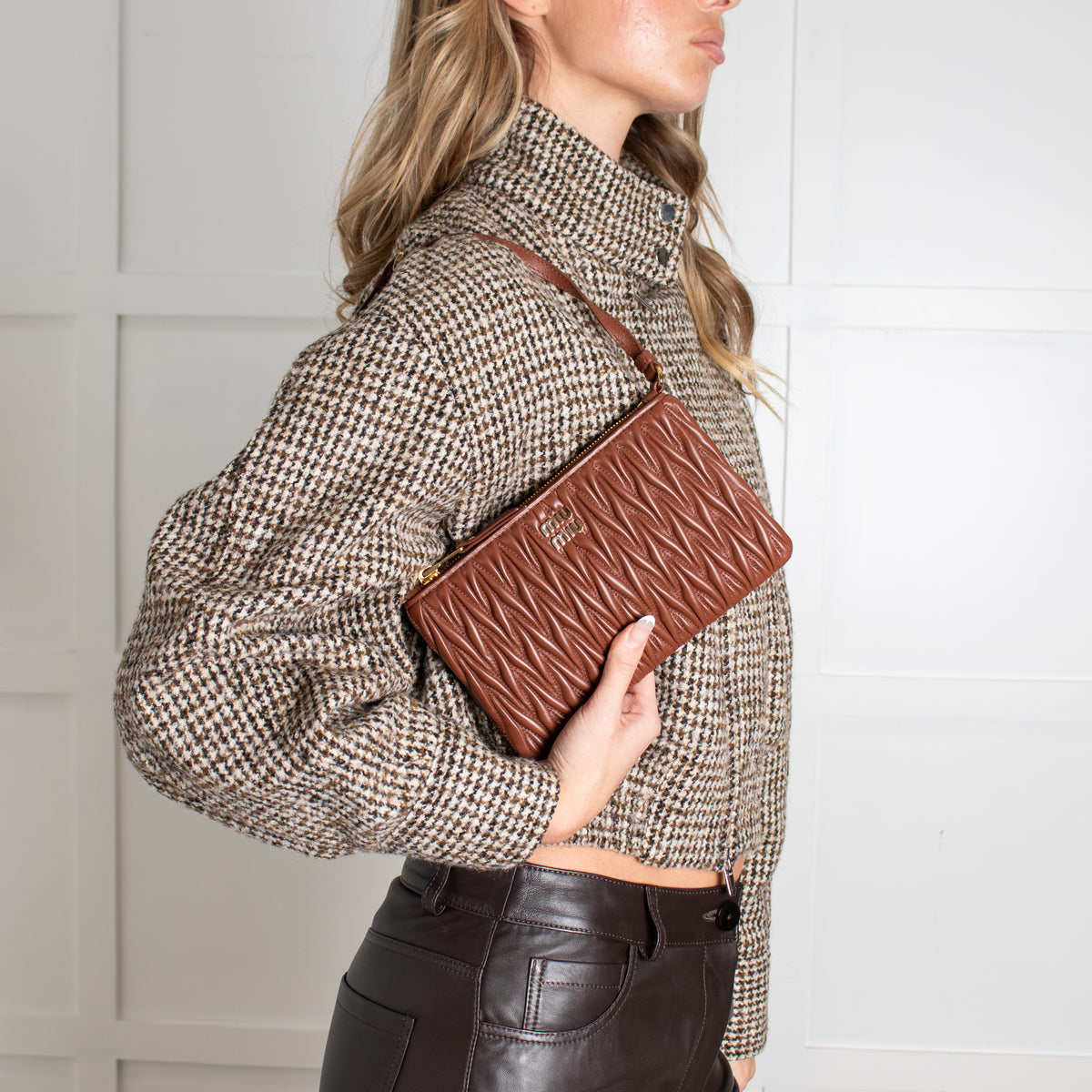 Miu Miu Tan Matelasse Nappa Leather Pouch Bag
