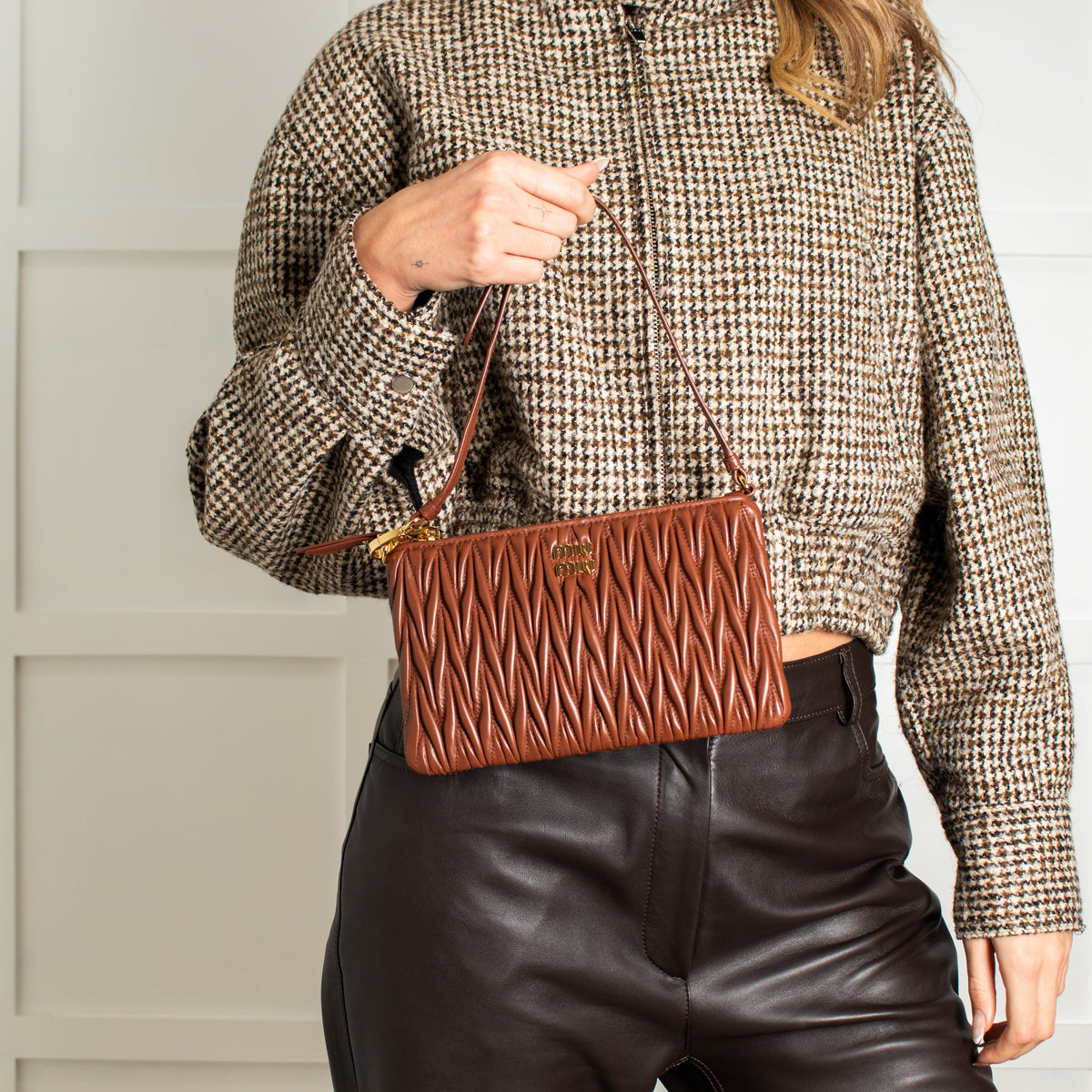 Miu Miu Tan Matelasse Nappa Leather Pouch Bag