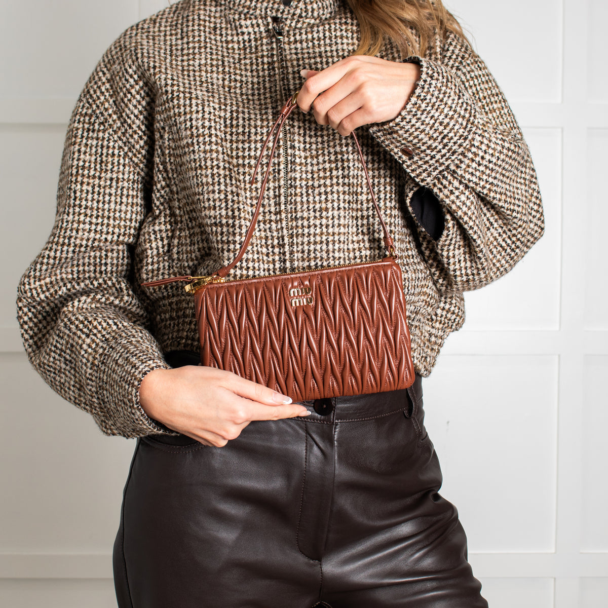 Miu Miu Tan Matelasse Nappa Leather Pouch Bag