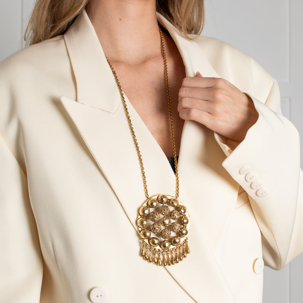 Saint Laurent Gold Tone Ball Flower Pendant Necklace