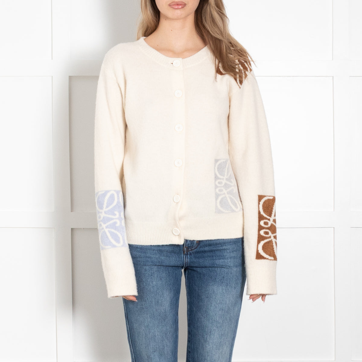 Loewe Cream, Camel and Pale Blue Anagram Wool Cardigan