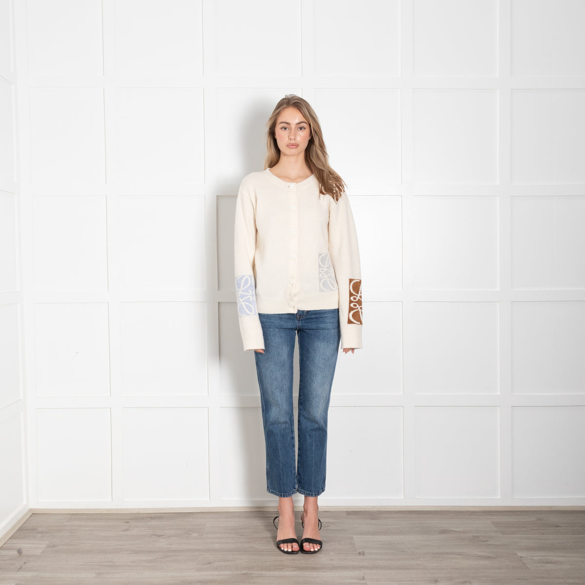 Loewe Cream, Camel and Pale Blue Anagram Wool Cardigan
