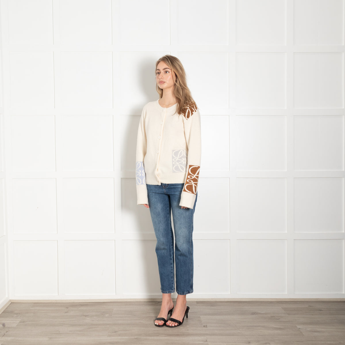 Loewe Cream, Camel and Pale Blue Anagram Wool Cardigan