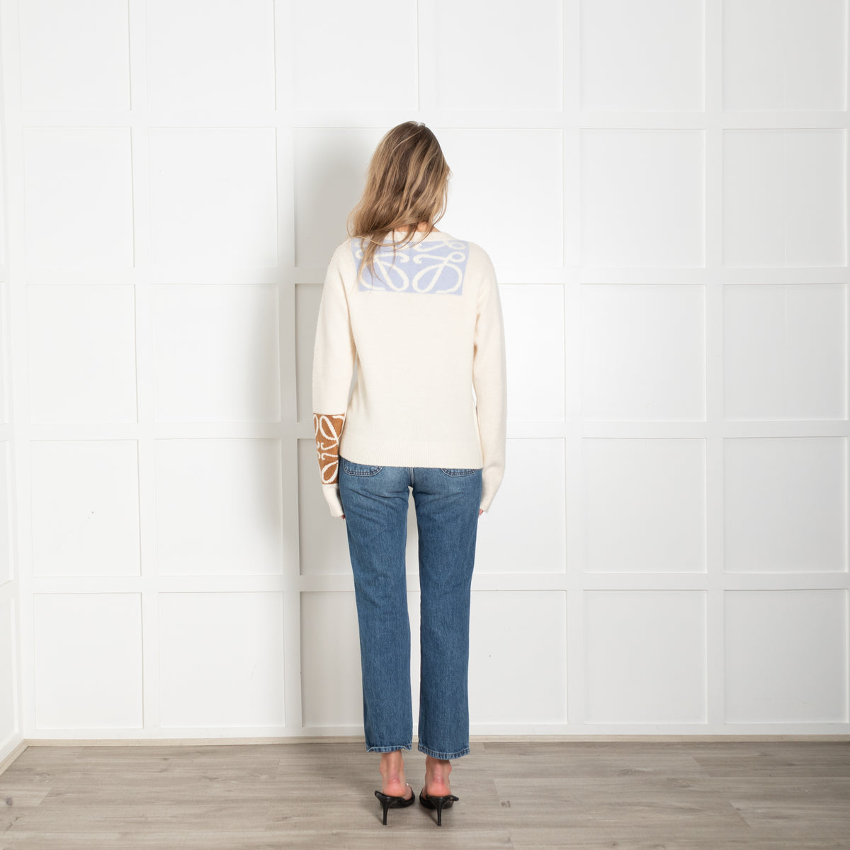 Loewe Cream, Camel and Pale Blue Anagram Wool Cardigan
