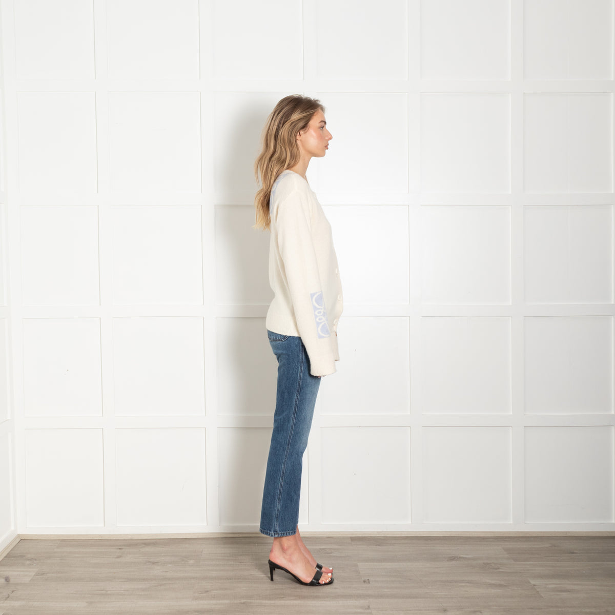 Loewe Cream, Camel and Pale Blue Anagram Wool Cardigan